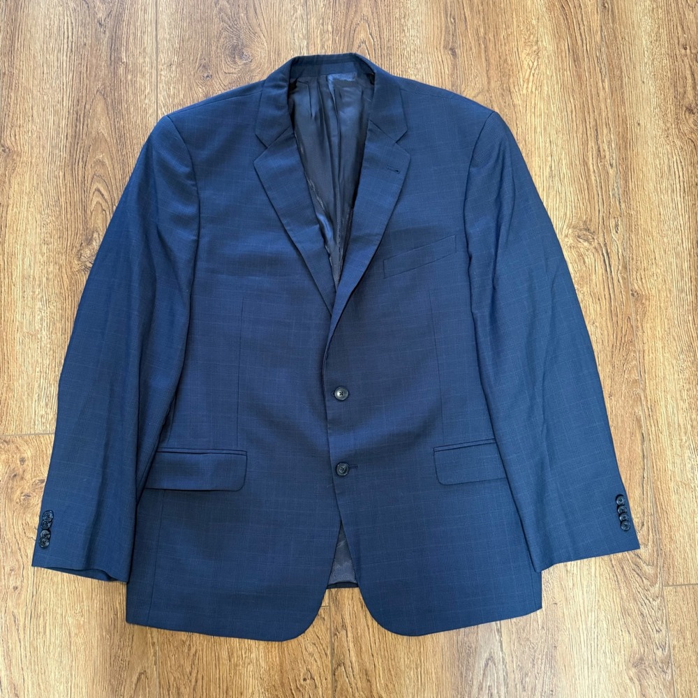 Joseph Abboud Men Navy Blue Glen Plaid Super 100s Wool Blazer 44R USA Union made